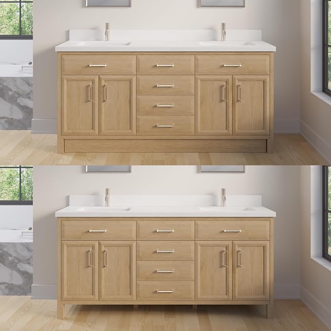 Capri III 72" Double Sink Bathroom Vanity With Stealth Organizer, Solid Wood Bathroom Cabinet with Engineered Stone Countertop & Backspalsh, Soft Closing Door & Drawer, Pre-Assembled, Weathered Oak
