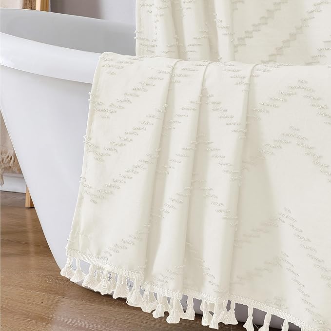Small Boho Stall Shower Curtain, Beige Fabric Cloth Stall Shower Curtain 36 x 72 Half Size with Tassel Tufted Chevron Striped Textured Modern Farmhouse for Bathroom, Machine Washable
