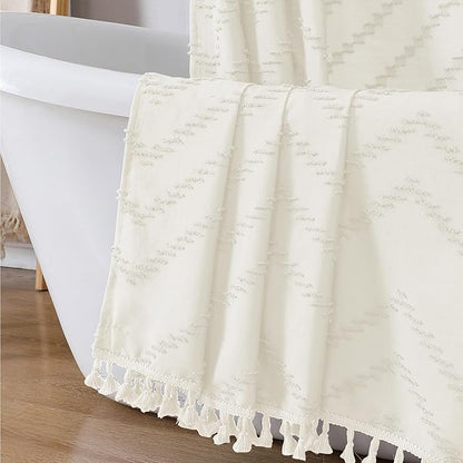 Small Boho Stall Shower Curtain, Beige Fabric Cloth Stall Shower Curtain 36 x 72 Half Size with Tassel Tufted Chevron Striped Textured Modern Farmhouse for Bathroom, Machine Washable