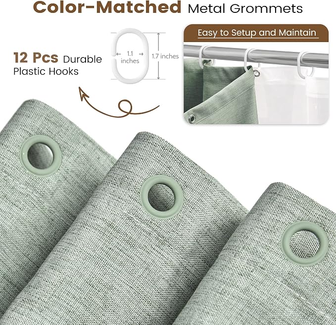BTTN 72x90 Long 3 in 1 Linen Texture Shower Curtain with Liner, Sage Green | Extra Long, 230GSM Heavy Duty Polyester, Waterproof Clear Liner, Weighted Hem, 12 Plastic Hook, Hotel Style, Machine Washable