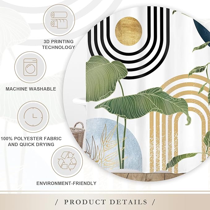 Glawry Navy Blue Boho Shower Curtain Mid Century Abstract Light Blue Tropical Palm Botany Sun Arch Plant Minimalist Bathroom Modern 72Wx72L Inches Bath Accessories Art Home Decor Fabric 12 Pack Hook