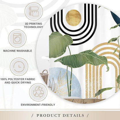 Glawry Navy Blue Boho Shower Curtain Mid Century Abstract Light Blue Tropical Palm Botany Sun Arch Plant Minimalist Bathroom Modern 72Wx72L Inches Bath Accessories Art Home Decor Fabric 12 Pack Hook