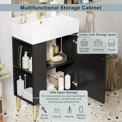 Merax 21.6 Inch Bathroom Vanity with Top Sink, Modern Small Bathroom Storage Cabinet with Left Side Storage, Solid Wood Frame Single Sink Bath Vanities, Black