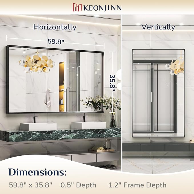 Keonjinn 60x36 Inch Black Bathroom Mirror for Over Sink, Rectangular | HD Tempered Glass, Vanity Mirror, Brushed Framed, Square Corner, Modern Farmhouse, Wall Mounted Mirrors, Aluminum Alloy