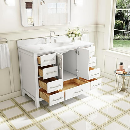 48-Inch Bathroom Vanity with Sink, 2 Soft-Close Doors and 9 Soft-Close Drawers, Bathroom Freestanding Vanity with Cultured Marble Countertop, White Vanity with Brushed Nickel Handles