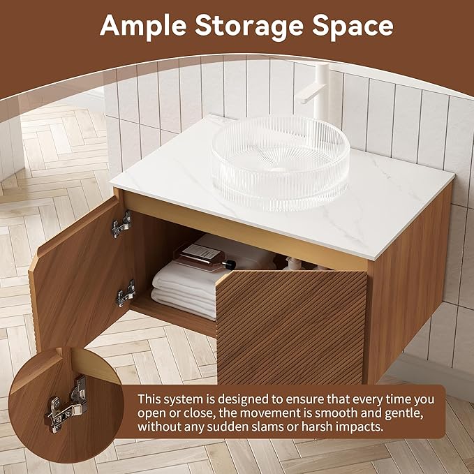 Floating Bathroom Vanity with Sink, 30 Inch Fluted Vanity with Vessel Sink, Modern Bathroom Vanity Cabinet with 2 Doors, Glass Vessel Ceramic Sink & Sintered Stone Top, Oak