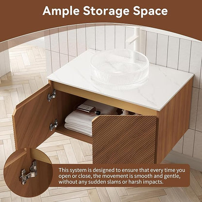 Floating Bathroom Vanity with Sink, 30 Inch Fluted Vanity with Vessel Sink, Modern Bathroom Vanity Cabinet with 2 Doors, Glass Vessel Ceramic Sink & Sintered Stone Top, Oak