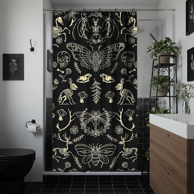 Halloween Black Gold Skeleton Moth Stall Shower Curtain Set 36x72 Inches | Black Gold Skeleton Moth Halloween Print, Witchy Gothic Decor, Ideal for Stall & Guest Bathroom, Great Housewarming Gift