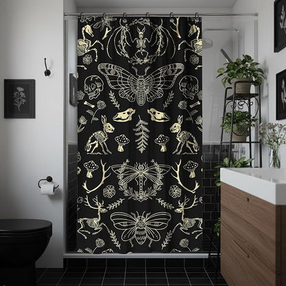 Halloween Black Gold Skeleton Moth Stall Shower Curtain Set 36x72 Inches | Black Gold Skeleton Moth Halloween Print, Witchy Gothic Decor, Ideal for Stall & Guest Bathroom, Great Housewarming Gift