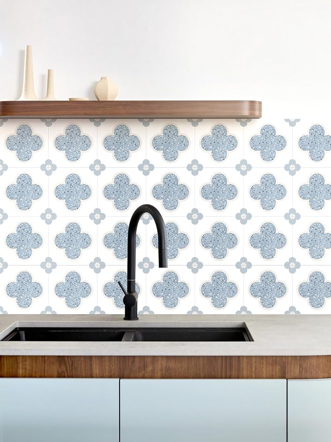 Peel & Stick Tile Stickers 12 PCS Self Adhesive Backsplash Decorative Wall Stickers for Kitchen Bathroom Tile Decals Waterproof & Removable 6" x 6" (Blue Flower)