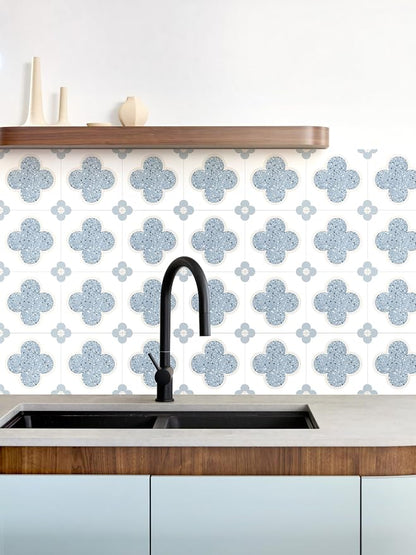 Peel & Stick Tile Stickers 12 PCS Self Adhesive Backsplash Decorative Wall Stickers for Kitchen Bathroom Tile Decals Waterproof & Removable 6" x 6" (Blue Flower)