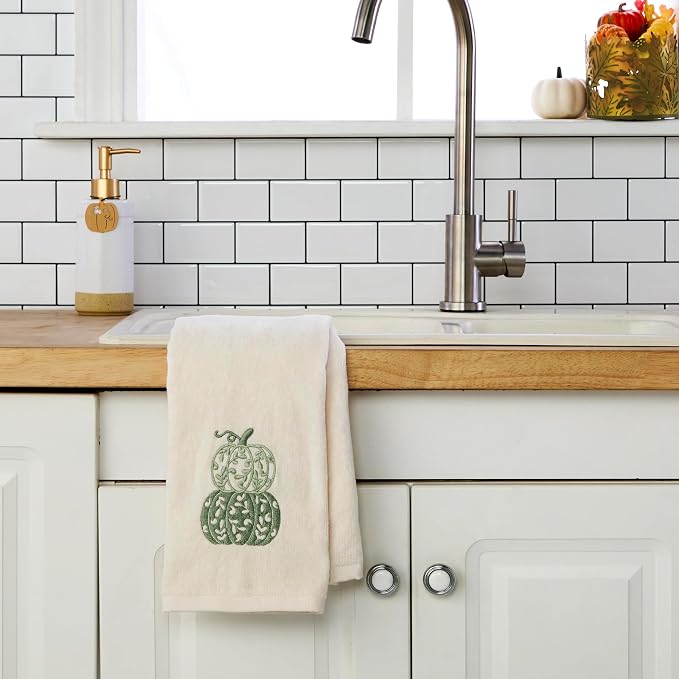 SKL Home Fall/Thanksgiving Scroll Pumpkin Hand Towel Set-2pc, Natural | 100% Cotton. Soft, embroidered velour. Great for use in the bathroom, kitchen or bar. Fun for Friendsgiving & gifting.