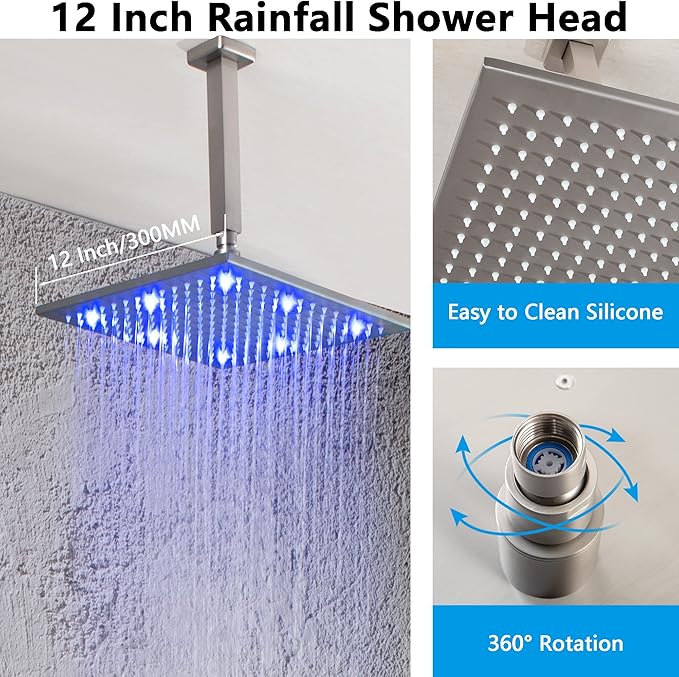 SKOWLL Brushed Nickel Shower Faucet Set Ceiling Mount 12 Inch LED Rainfall Shower Head with Body Jet Complete, Bathroom Shower System with Handheld, Pressured Balance Rough-in Valve