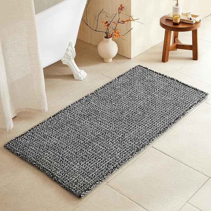 TYUU Waffle Bath Mat, Boho Bathroom Rugs Non Slip, 48x24 Black & White | Super Absorbent Quick Dry Bath Rug, Non-Slip Backing, Soft Waffle Washable Farmhouse Bathroom Mats, Tub, Shower & Home Decor