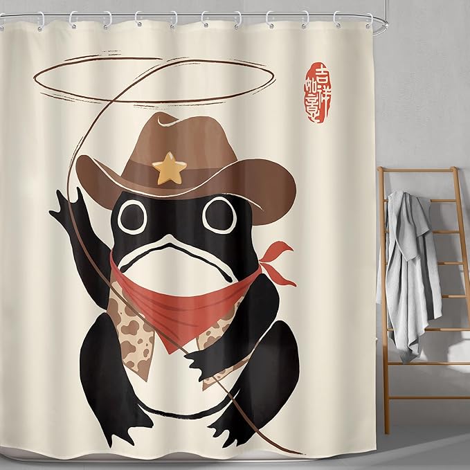 LGhtyro Funny Cowboy Frog Shower Curtain Bathroom Set 71Wx78H Inches Extra Long Western Rodeo Animal Hat Japanese Art Asian Traditional Bath Accessories Cute Art Home Decor Fabric 12 Pack Hooks