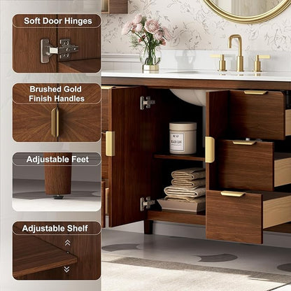 48 Inch Walnut Bathroom Vanity with Sink, Fully Assembled Solid Wood Bathroom Vanities with Soft Close Parquet Doors, Full Extension Dovetail Drawers, Calacatta Quartz Top & Backsplash