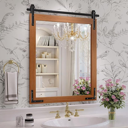 Farmhouse Bathroom Mirror, 24x32 Inch Brown Vanity Mirror for Wall, Wood Framed Rustic Mirror Rectangular Wall Decor Mirrors for Entryway Living Room Bedroom