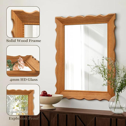 Besdomus Farmhouse Wooden Bathroom Mirror: 32" x 24" Light Brown Wood Mirror for Vanity/Entryway/Wall Decor - Ideal for Country Style Lovers