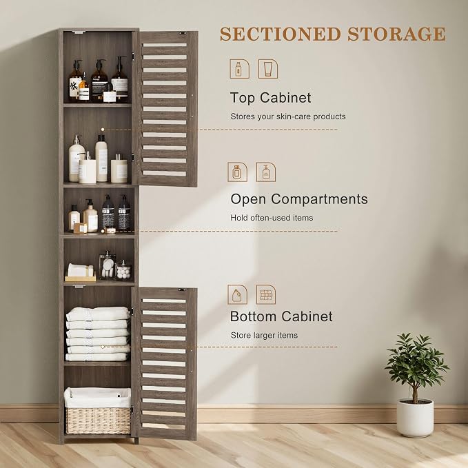 VECELO Tall Bathroom Cabinet with 2 Doors, 67" H Narrow Storage Unit with Adjustable Shelves for Small Spaces, Living Room, Entryway Corners, Greige