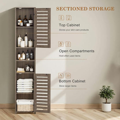 VECELO Tall Bathroom Cabinet with 2 Doors, 67" H Narrow Storage Unit with Adjustable Shelves for Small Spaces, Living Room, Entryway Corners, Greige