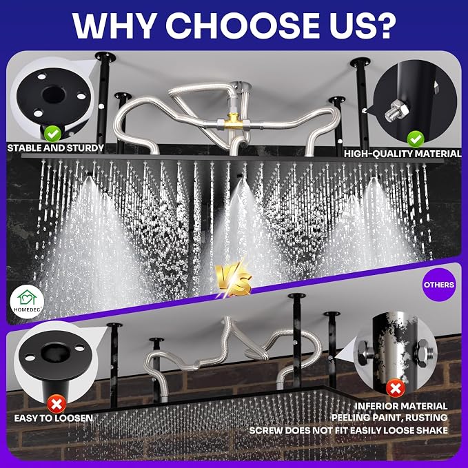 2-Functions Luxury High Pressure Rain Shower Head, 16"x32" Large Ceiling Full Body Shower Head with Silicone Nozzles Rectangle Mist Showerhead, Black Finish