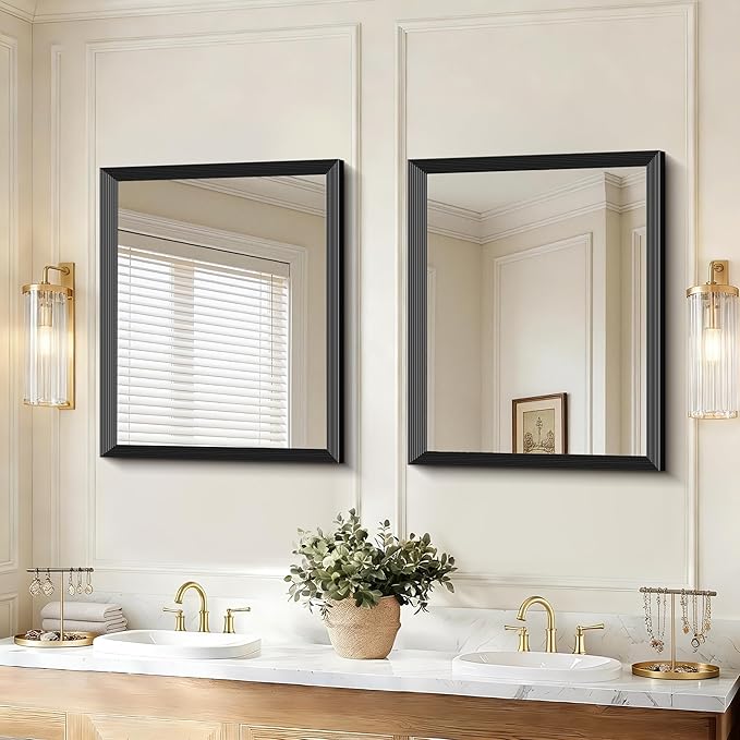 Black Bathroom Mirror 24 x 30 Inch Rectangle Wave Beveled Frame for Wall Bathroom Vanity Mirror for Over Sink, Tempered Glass,for Entryway Hangs, Bathroom Living Room Horizontal or Vertical