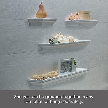 MELANNCO Floating Wall Shelves Set of 4, White Wood Display Shelves for Wall, Includes 6, 12, 20 and 24 Inch Sizes with Raised Edges and Mounting Hardware for Room Decor, Home Decor