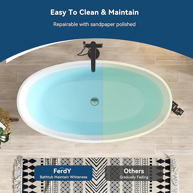 Bathtub with a focus on ease of cleaning and maintenance, featuring text and a comparison label.