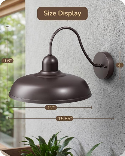 EDISHINE 12" Farmhouse Gooseneck Barn Light, 2 Pack Outdoor Wall Light | Brown, E26 Socket, Hardwired, Wall Mount Lantern for Porch, Entryway, Garage, Garden, Patio