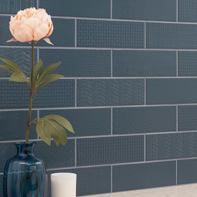M S International Urbano Navy Glossy Mix Ceramic Subway Wall Tile for Bathroom, Kitchen Backsplash, Accent, and Shower - Sample
