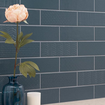 M S International Urbano Navy Glossy Mix Ceramic Subway Wall Tile for Bathroom, Kitchen Backsplash, Accent, and Shower - Sample