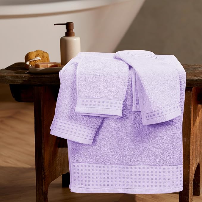 GLAMBURG Ultra Soft 3 Pack Cotton Towel Set, Contains a Bath Towel 28x55 inch, a Hand Towel 16x24 inch & a Wash Coth 12x12 inch, Ideal Everyday use, Compact & Lightweight - Purple