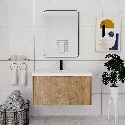 36 Inch Bathroom Vanity with Sink, Modern Wall Mount Floating Bathroom Vanity Set, Brown Vanity, Ceramic Sink and Soft Close Door
