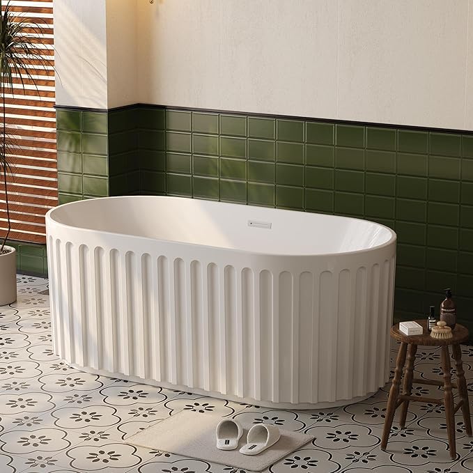 59" Freestanding Bathtub, Acrylic Soaking Tub with V Shape Pleated Design, Chrome Drain & Classic Slotted Overflow, CUPC Certified, Gloss White for Modern Bathroom