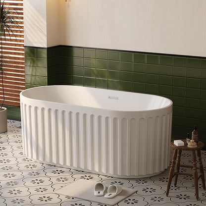 59" Freestanding Bathtub, Acrylic Soaking Tub with V Shape Pleated Design, Chrome Drain & Classic Slotted Overflow, CUPC Certified, Gloss White for Modern Bathroom