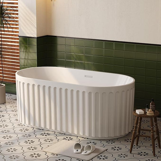 59" Freestanding Bathtub, Acrylic Soaking Tub with V Shape Pleated Design, Chrome Drain & Classic Slotted Overflow, CUPC Certified, Gloss White for Modern Bathroom