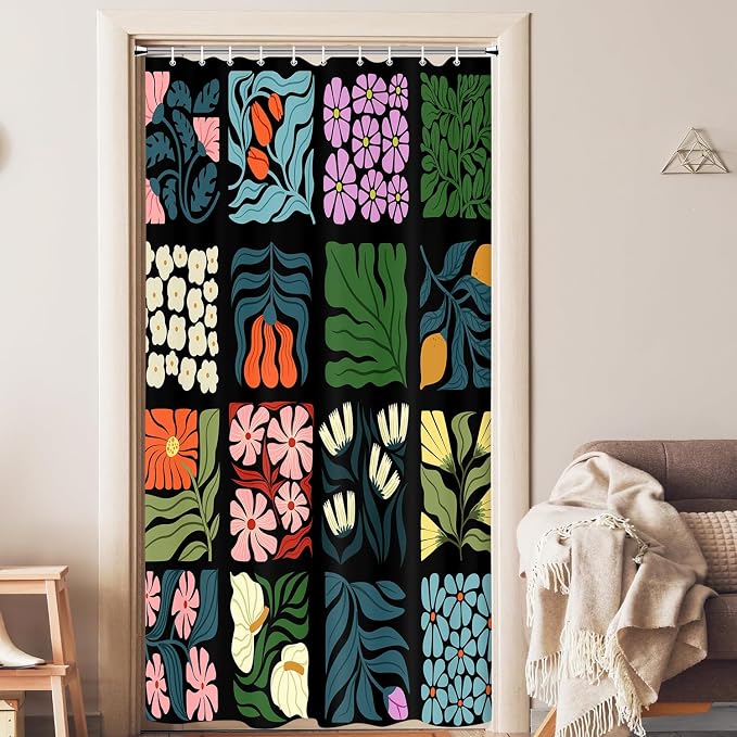 JAWO Retro Shower Curtain Vintage Abstract Boho Floral Shower Curtains for Bathroom Decor Black Blue Botanical Geometric Groovy Aesthetic Pattern Shower Curtain Sets with Hooks,48X70IN