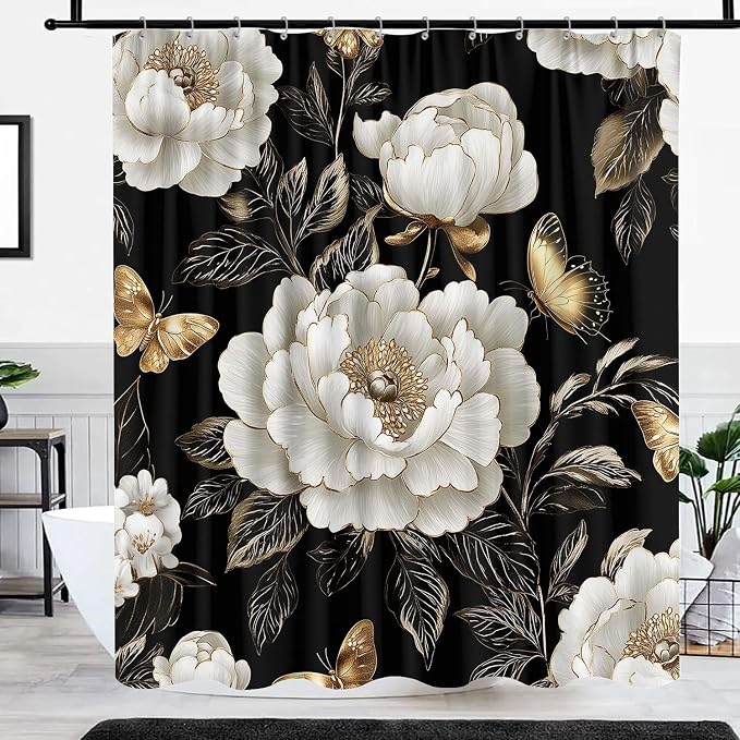 Black and Gold Boho Floral Shower Curtain, Vintage Unique Dark Flowers Botanical Aesthetic Decorative Shower Curtain Set, Pretty Gold Boho Farmhouse Curtains Bathroom Accessories with Hooks 60"x72"