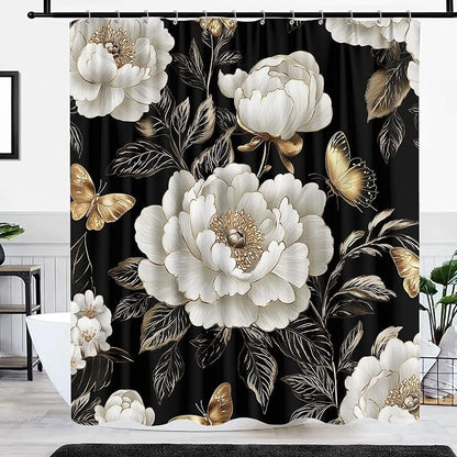 Black and Gold Boho Floral Shower Curtain, Vintage Unique Dark Flowers Botanical Aesthetic Decorative Shower Curtain Set, Pretty Gold Boho Farmhouse Curtains Bathroom Accessories with Hooks 60"x72"