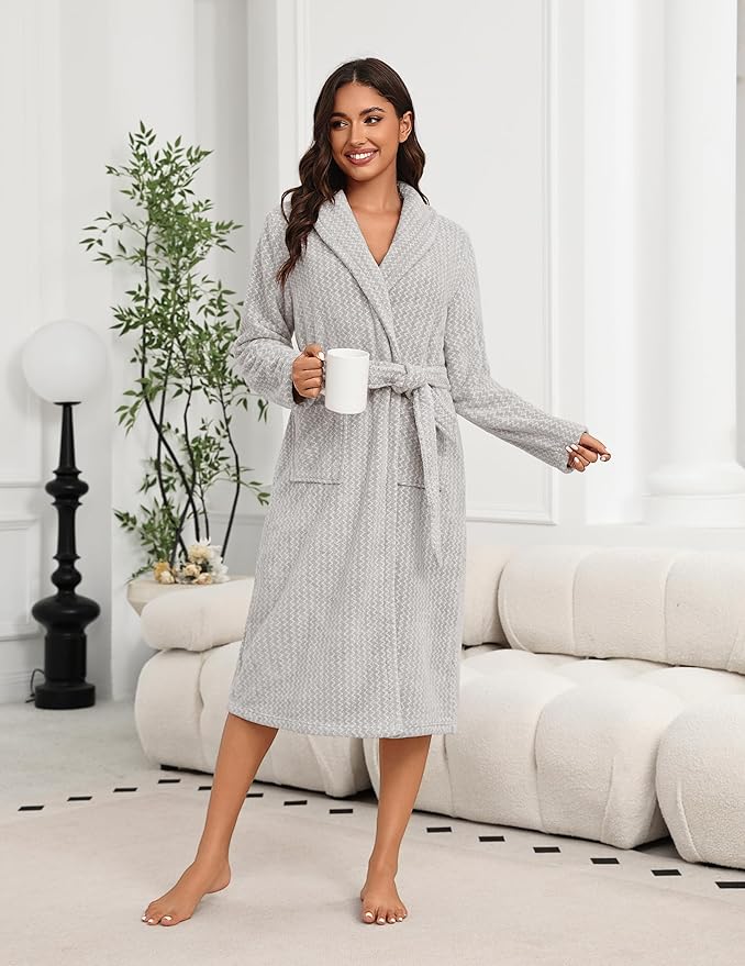 Ekouaer Women's Robe Long Plush Soft Bathrobe Cozy Warm Robes Shawl Collar Sleepwear with Pockets