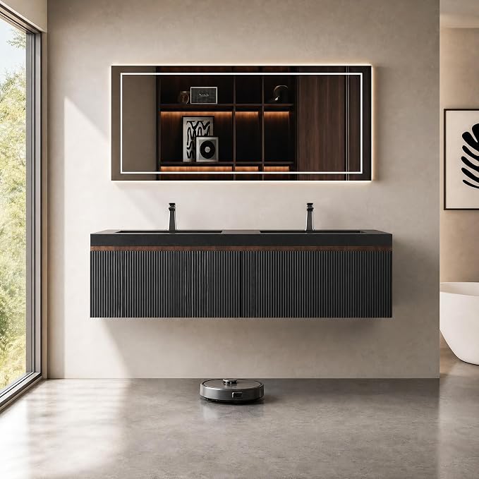 Floating Bathroom Vanity, 60" Wall Mounted Bathroom Cabinet with 2 Matte Black Quartz Sand Sinks & U-Shaped Soft-Close Drawers, Pre-Assembled Striped Storage Vanity for Bathroom, Walnut&Black
