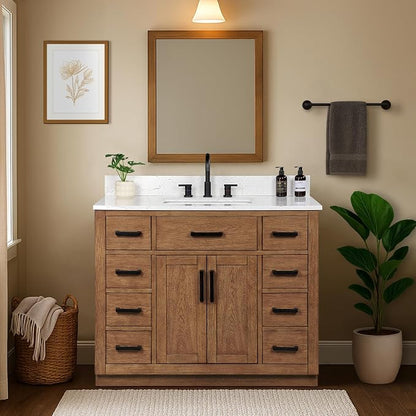 42-inch Dark Walnut Bathroom Vanity with Sink, Solid Wood, 0.79-inch Stone Countertop and Backsplash, 9 Drawers, 2 Soft Closing Doors