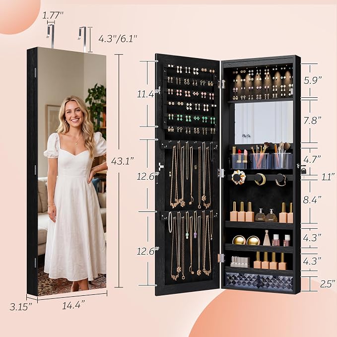 Unisakey Mirror Jewelry Cabinet,Lockable Wall or Door Mounted Jewelry Armoire Organizer With Built-up Mirror,LED Lights, Drawers,Cosmetic Trays,Shelves, 14.4"x3.15"x 43.1"（Black） | Door or Wall Mount Flexible,Drawers Cosmetic Trays Shelves Inside,Built...