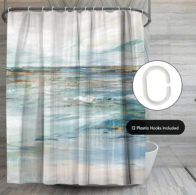 Americanflat 71x74 Beach Shower Curtain - Water-Resistant Long Shower Curtain with Coastal Landscape Design - Durable Metal Grommets and 12 Hooks - Polyester - Sky Blue, Seafoam Green, Beige and Grey