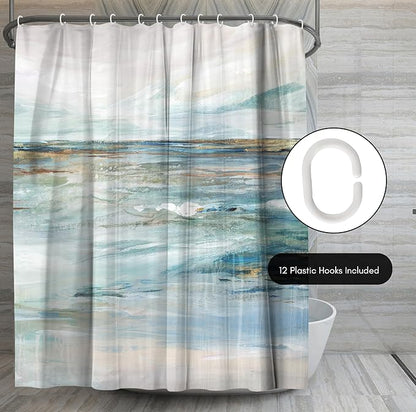 Americanflat 71x74 Beach Shower Curtain - Water-Resistant Long Shower Curtain with Coastal Landscape Design - Durable Metal Grommets and 12 Hooks - Polyester - Sky Blue, Seafoam Green, Beige and Grey