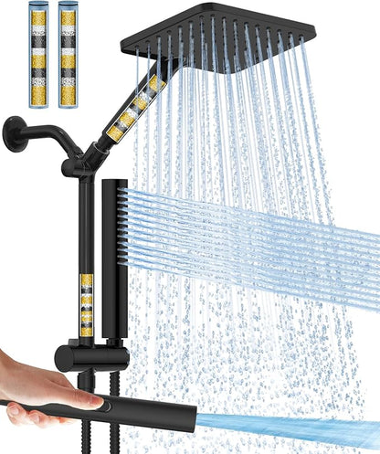Filtered Shower Head with Handheld Combo High Pressure Shower Head with Filters 10 Inch Rain Shower Head Height Adjustable Dual Water Softener Shower Head for Hard Water - Removes Chlorine