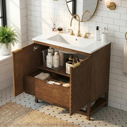 30 Inch Walnut Mid-Century Bathroom Vanity with Ceramic Basin Sink, Space Saving Bathroom Storage Cabinet with Sink & Dual Hidden Drawers & Open Bottom Shelf, Fluted Door Panel (Walnut Style2, 30")