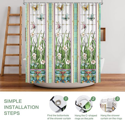 Flower Butterfly Shower Curtain, Glaze Glass Chinese Screen Window Shower Curtain Green Floral Shower Curtain Sets Waterproof Polyester Fabric Machine Washable Home Farmhouse Decor Bath Curtains