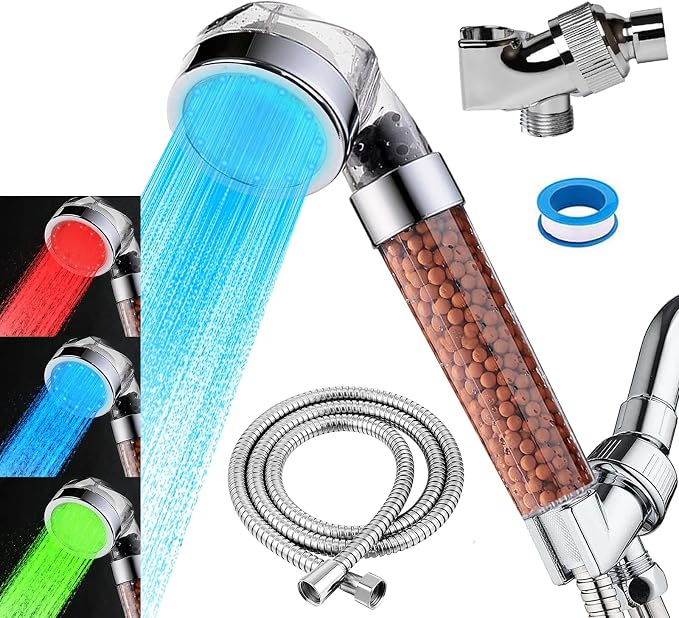 Vacto Temperature Controlled 3-color Changing Shower Head Kit, Water Saving Showerheads with Filtration Beads, LED High Pressure Handheld Shower Head Set with Hose and Bracket