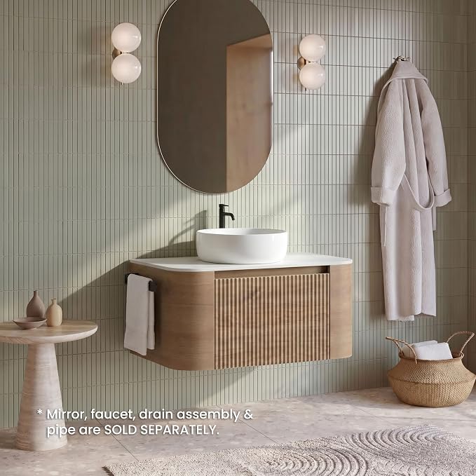 30" Preassembled Floating Bathroom Vanity with Round Sink, Oak | Mid-Century Modern Style, Fluted & Soft-Close Drawer with U-shaped Wall, Sinterted Stone Countertop, Towel Rack Included